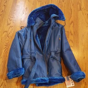WILDA Woman large 100% genuine leather coat blue coat w hoodie lined new w/belt